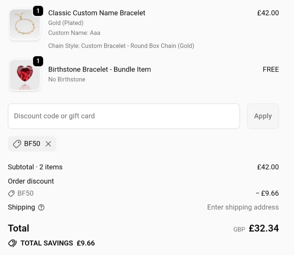 Screenshot of the Prya discount code working