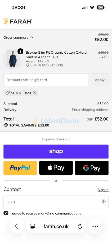 Screenshot of the Farah discount code working