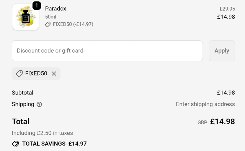 Screenshot of the The Fragrance World discount code working