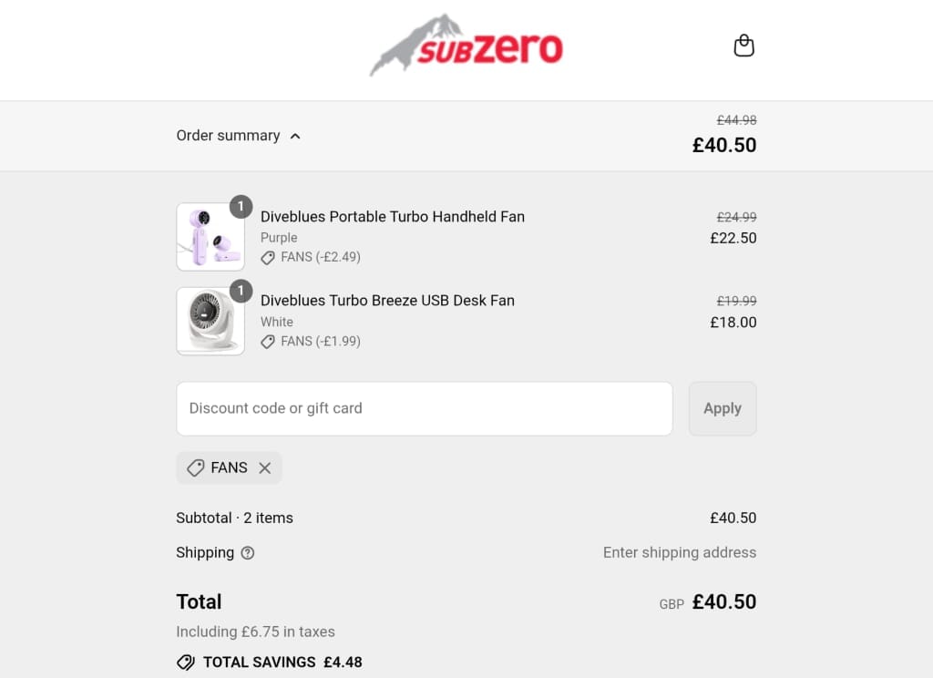 Screenshot of the Subzero discount code working
