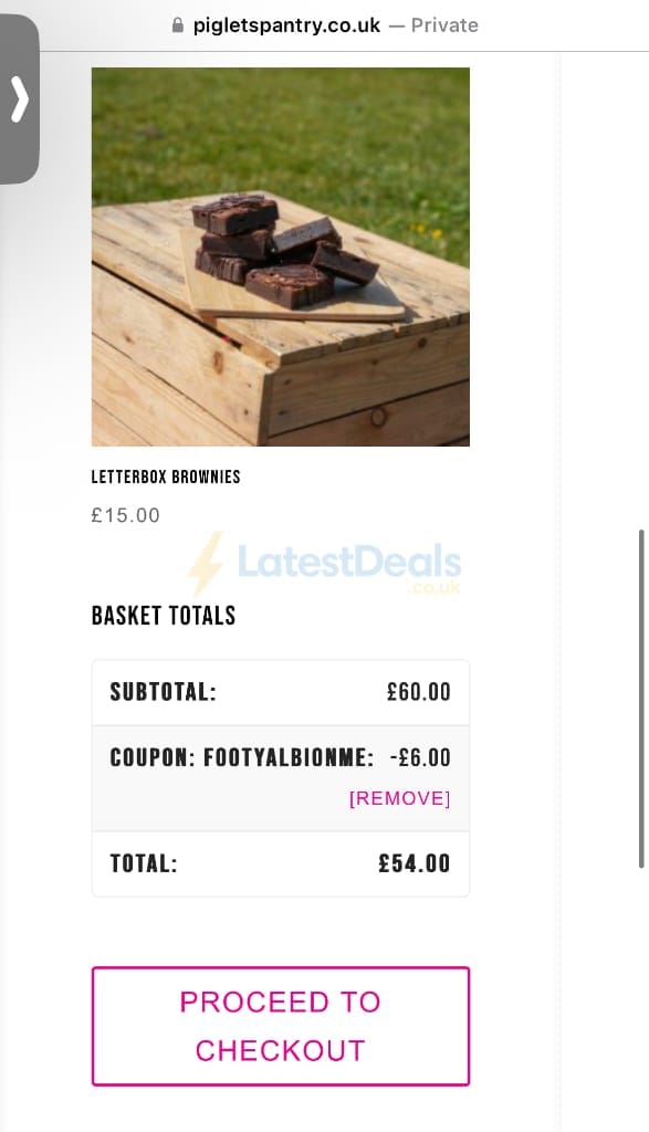Screenshot of the Piglets Pantry discount code working