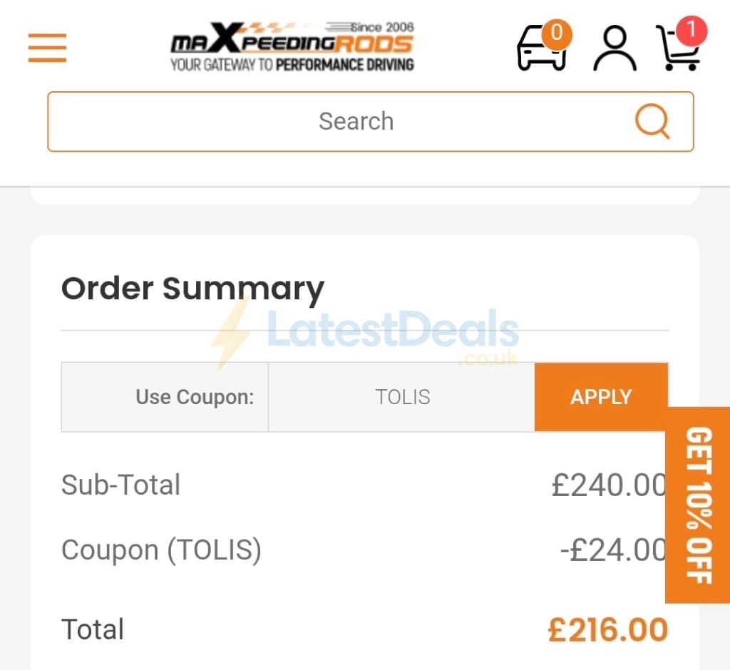 Screenshot of the Maxpeedingrods discount code working