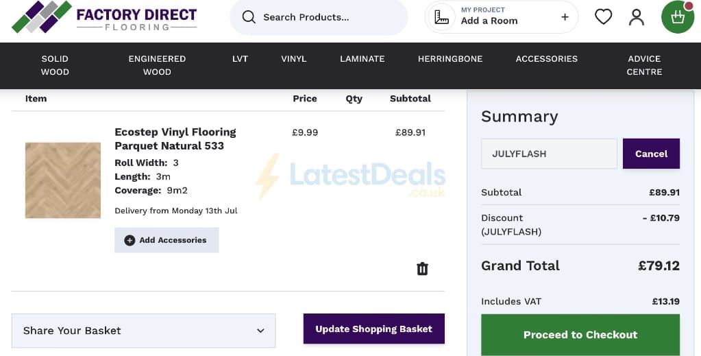 Screenshot of the Factory Direct Flooring discount code working