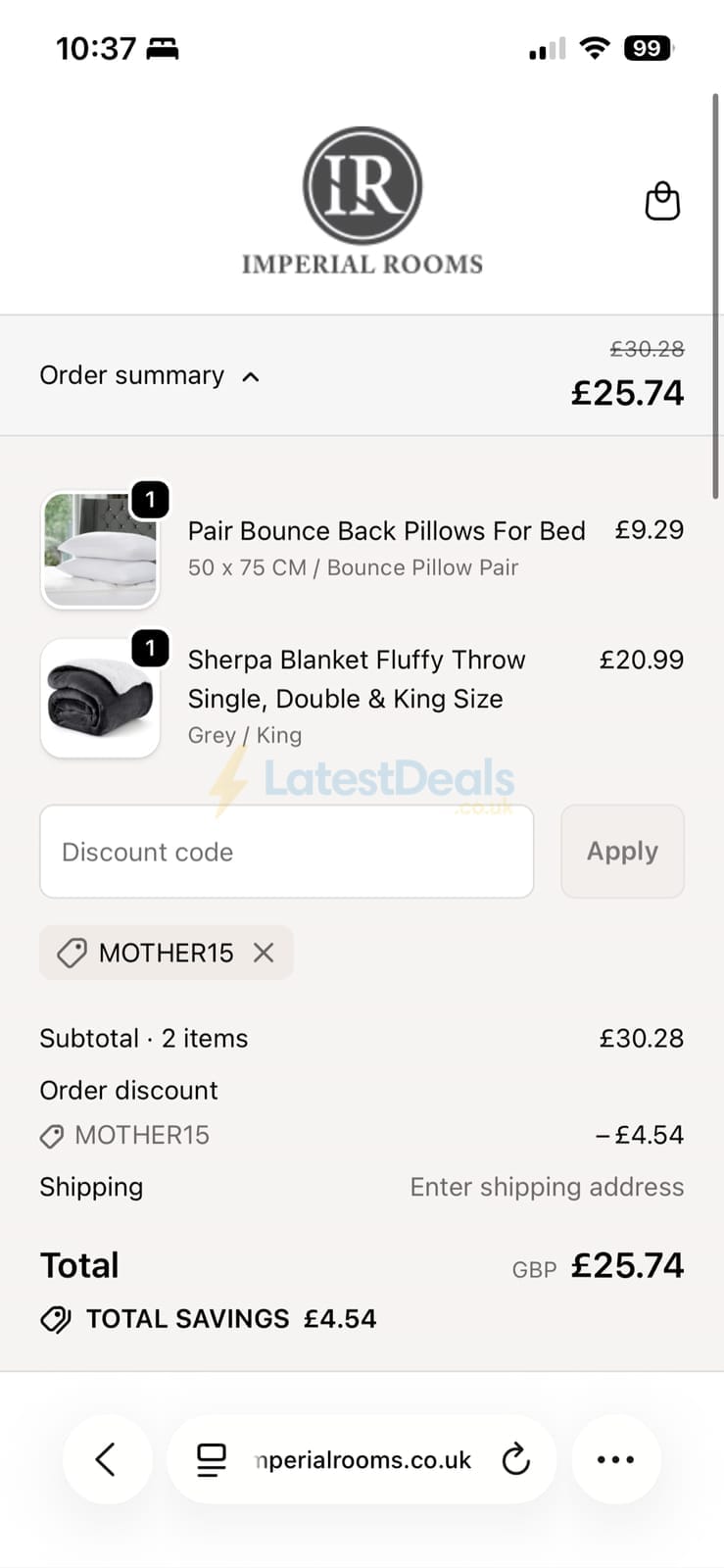 Screenshot of the Imperial Rooms discount code working