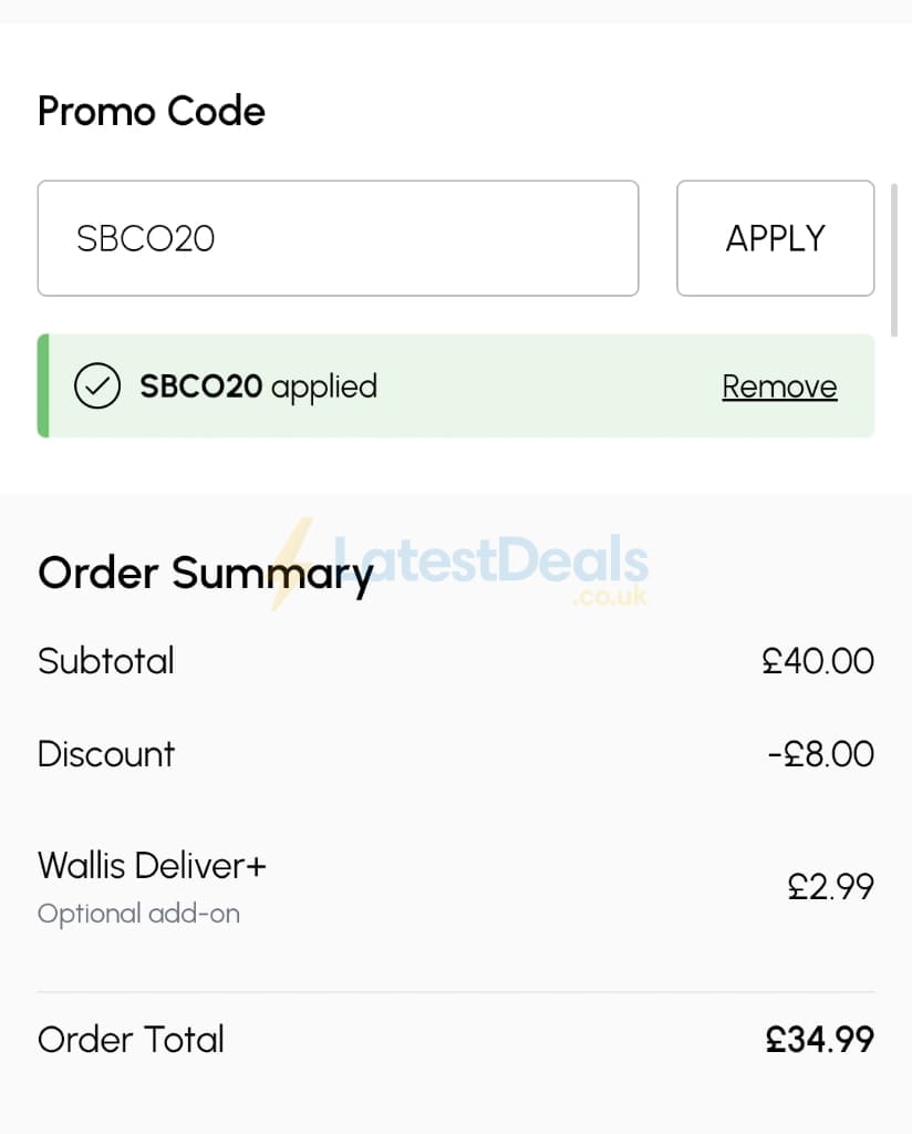 Screenshot of the Wallis discount code working