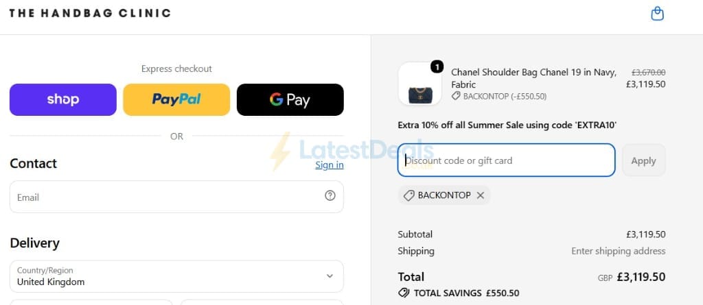 Screenshot of the Handbag Clinic discount code working