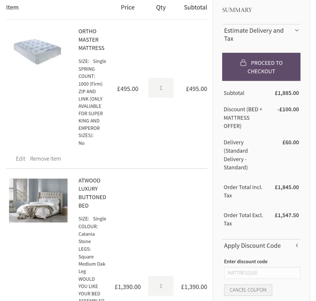 Screenshot of the The English Bed Company discount code working