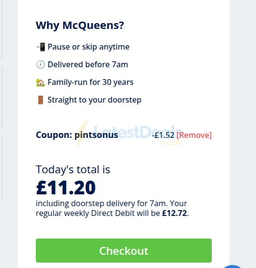 Screenshot of the McQueens Dairies discount code working