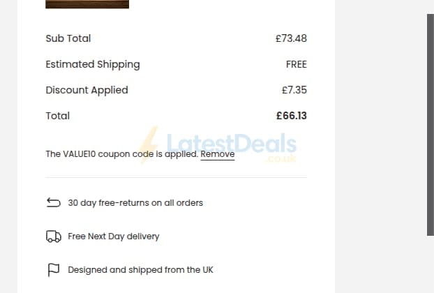 Screenshot of the Value Lights discount code working