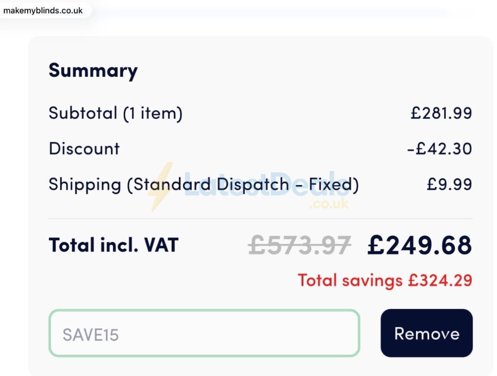 Screenshot of the Make My Blinds discount code working