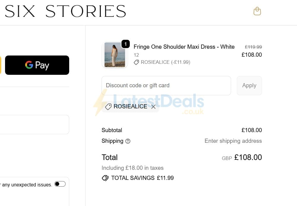 Screenshot of the Six Stories discount code working