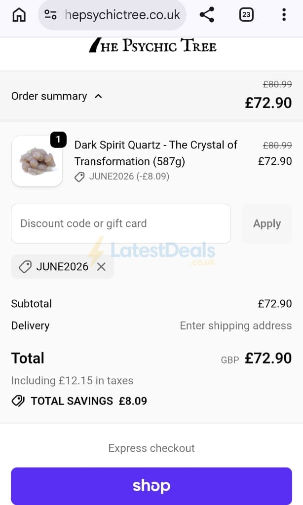 Screenshot of the The Psychic Tree discount code working