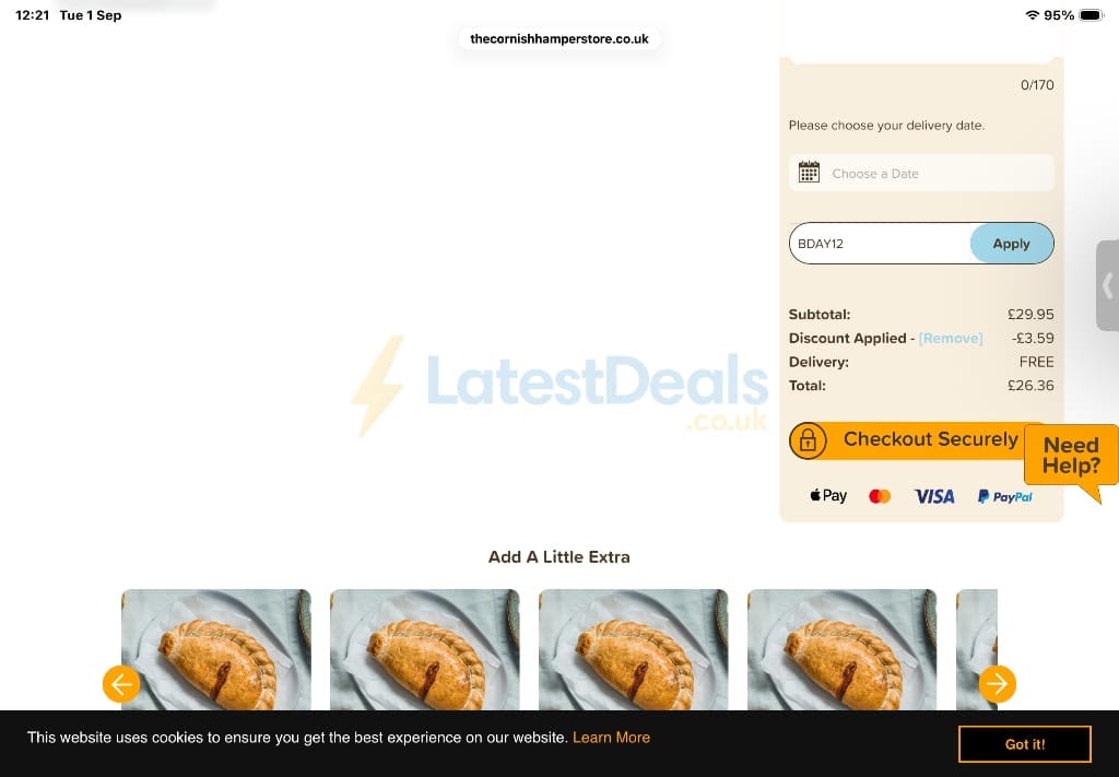 Screenshot of the The Cornish Hamper Store discount code working