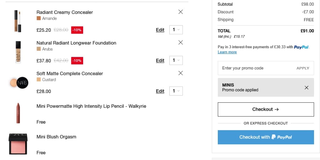 Screenshot of the NARS Cosmetics discount code working
