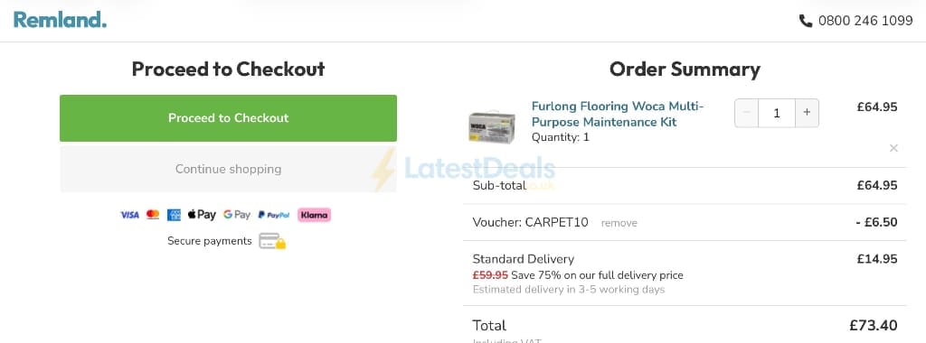 Screenshot of the Remland Carpets discount code working
