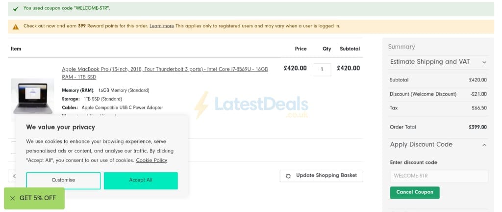 Screenshot of the Stone Refurb discount code working
