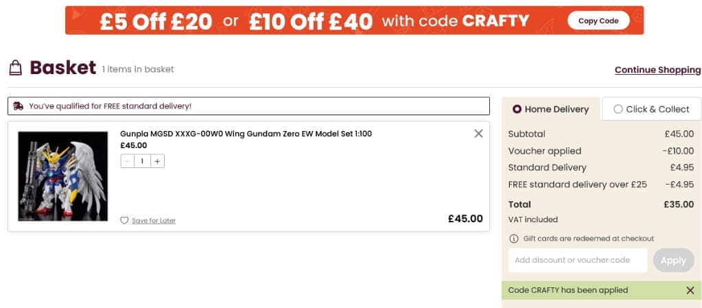 Screenshot of the Hobbycraft discount code working
