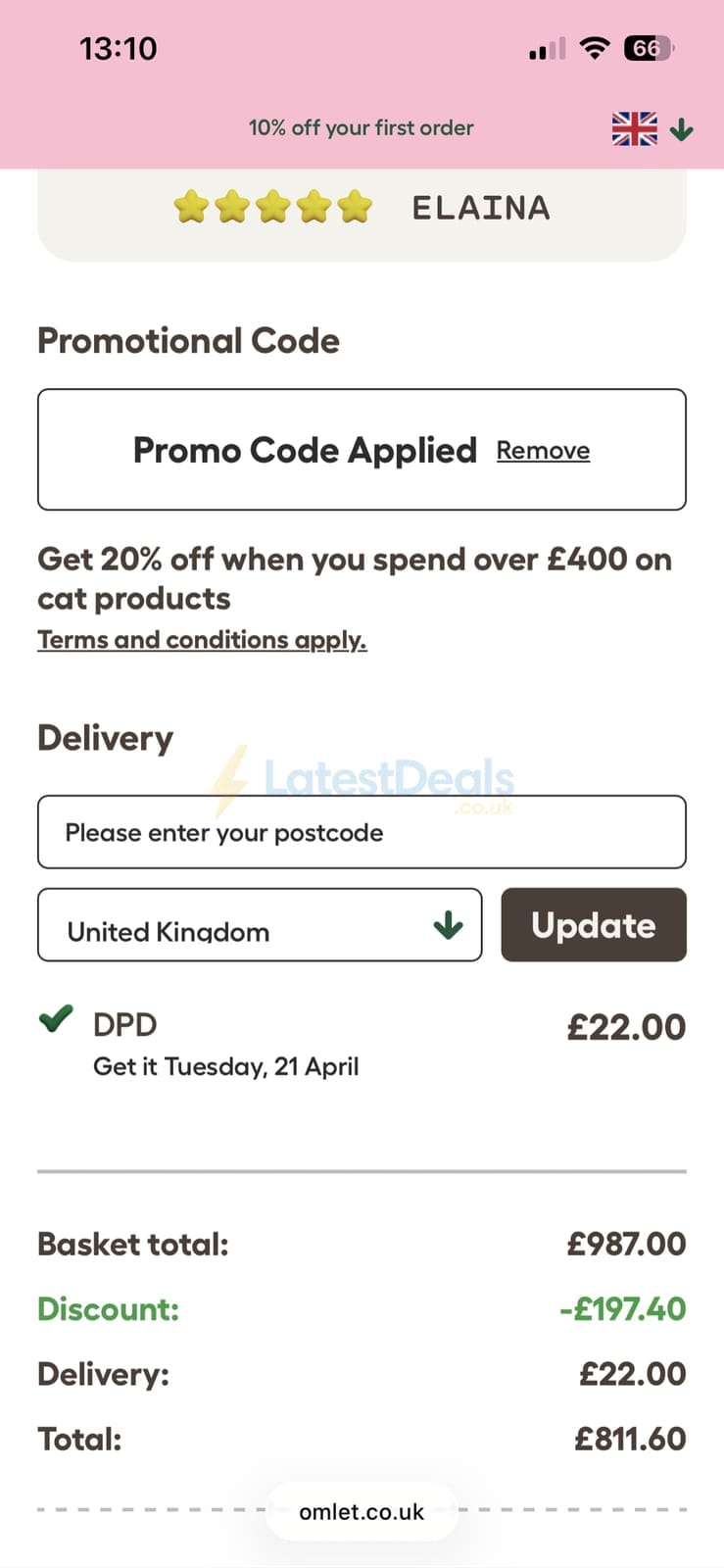 Screenshot of the Omlet discount code working