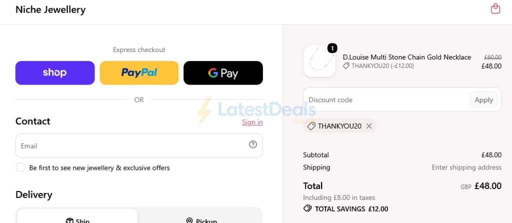 Screenshot of the Niche Jewellery discount code working