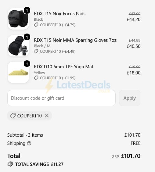 Screenshot of the RDX discount code working