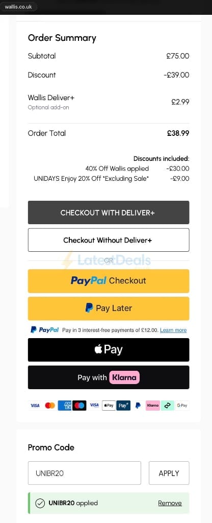 Screenshot of the Wallis discount code working