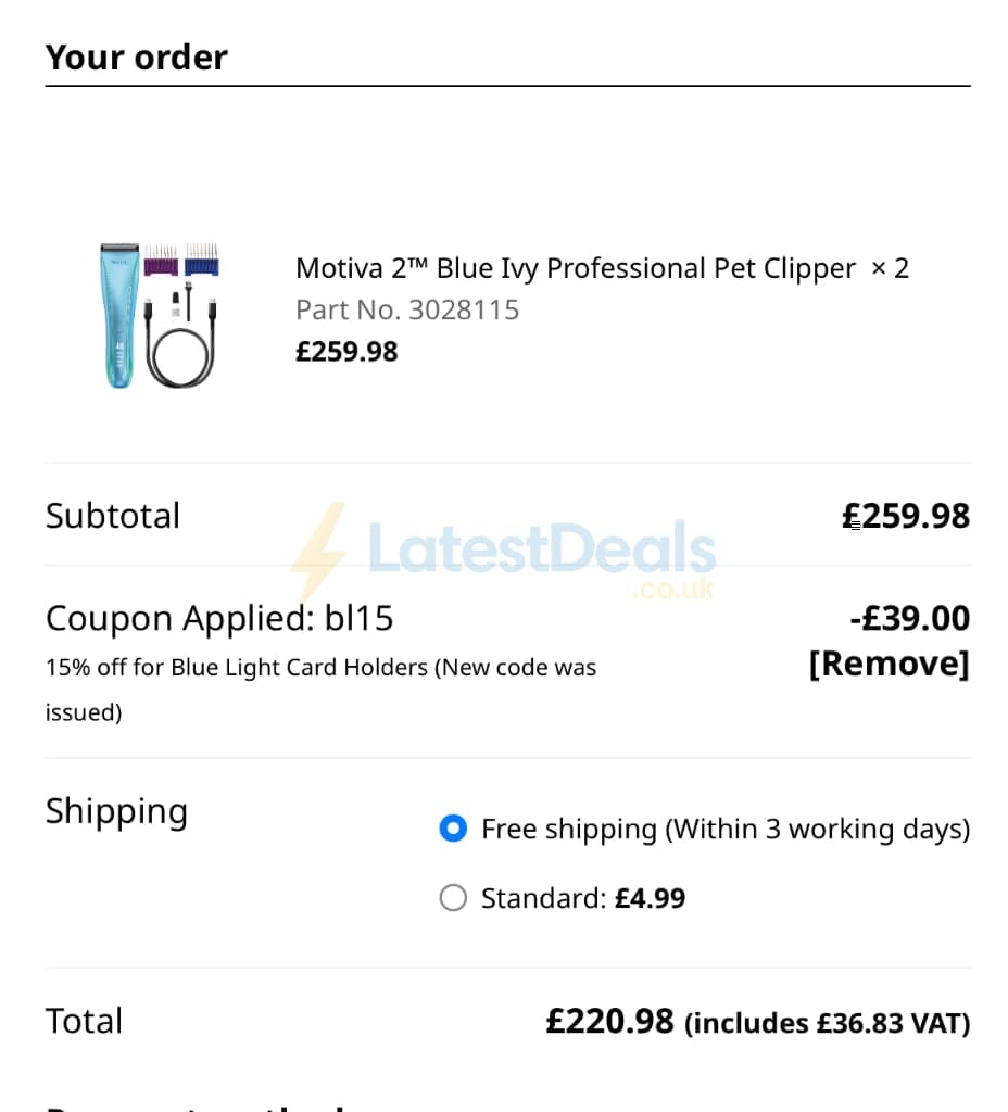 Screenshot of the Wahl discount code working