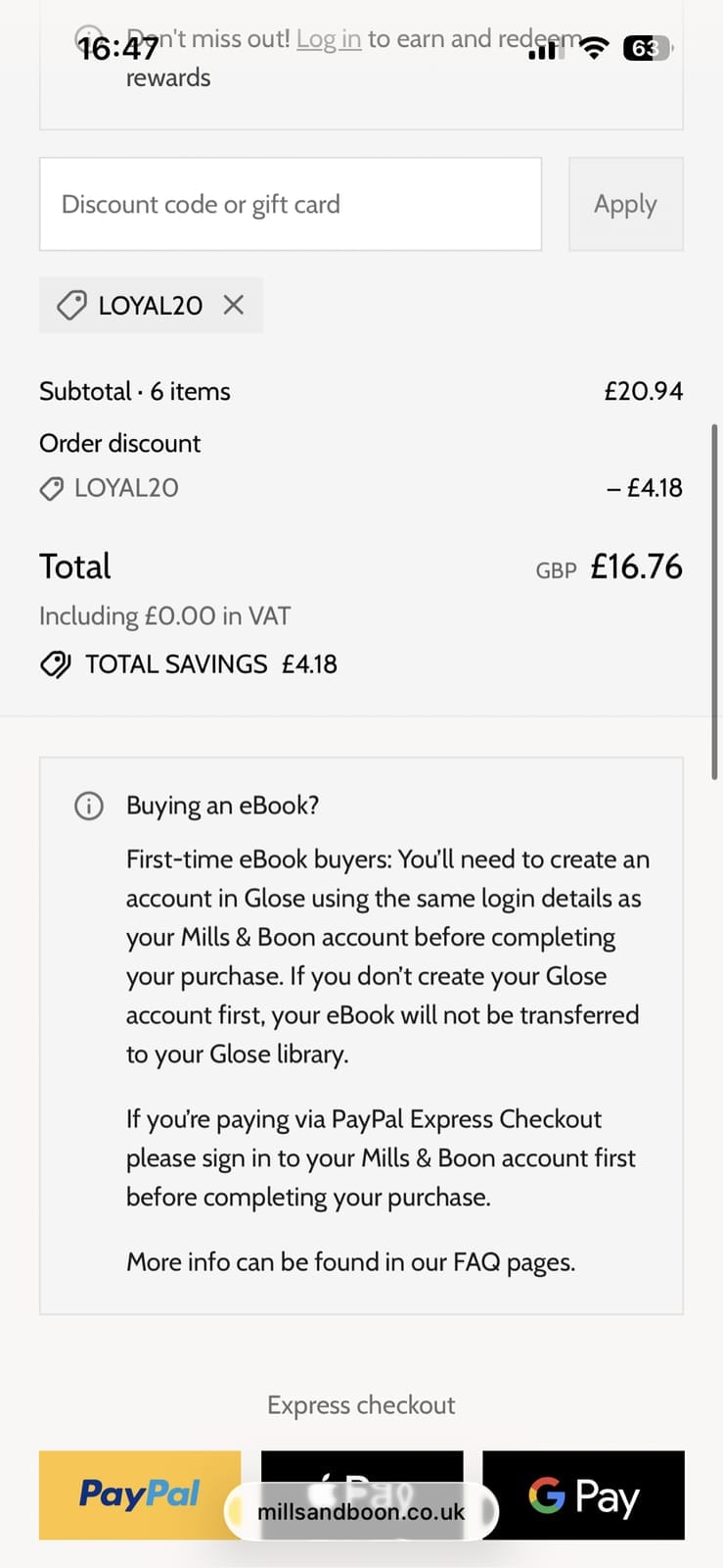 Screenshot of the Mills & Boon discount code working