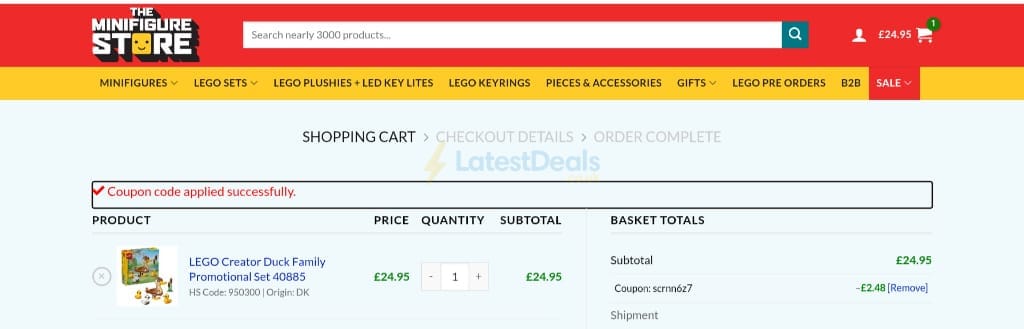 Screenshot of the The Minifigure Store discount code working