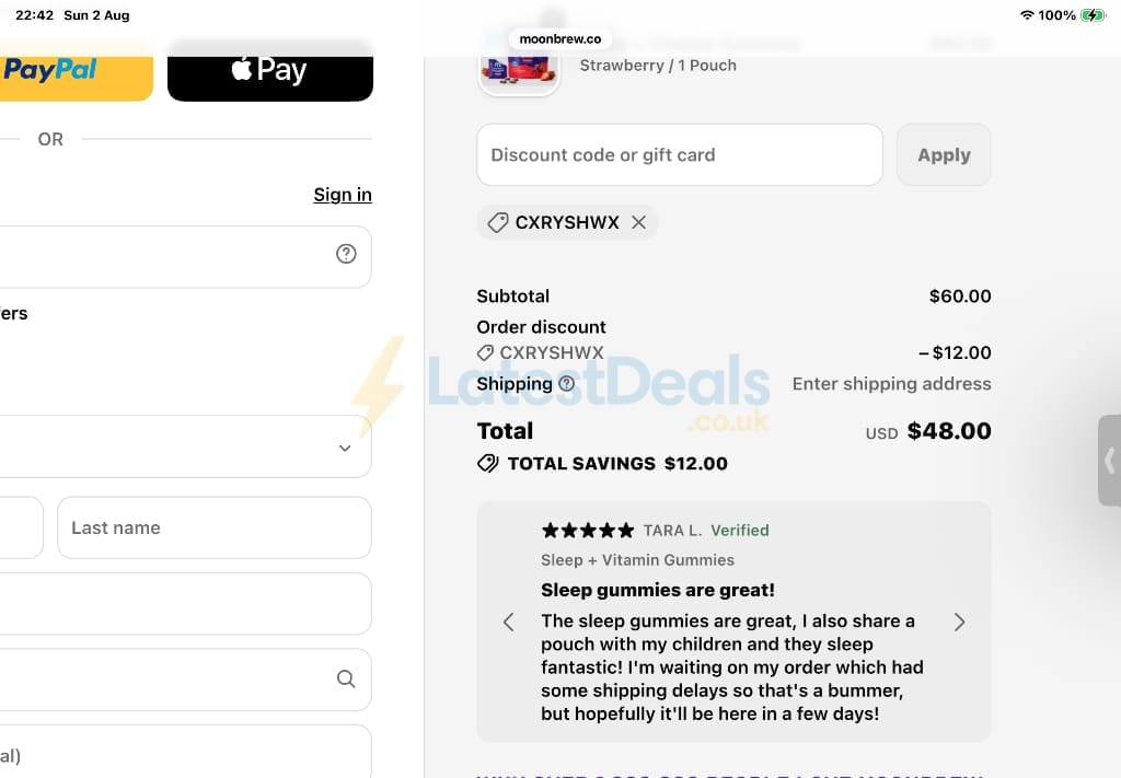 Screenshot of the MoonBrew discount code working