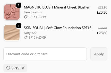 Screenshot of the MYPURE discount code working