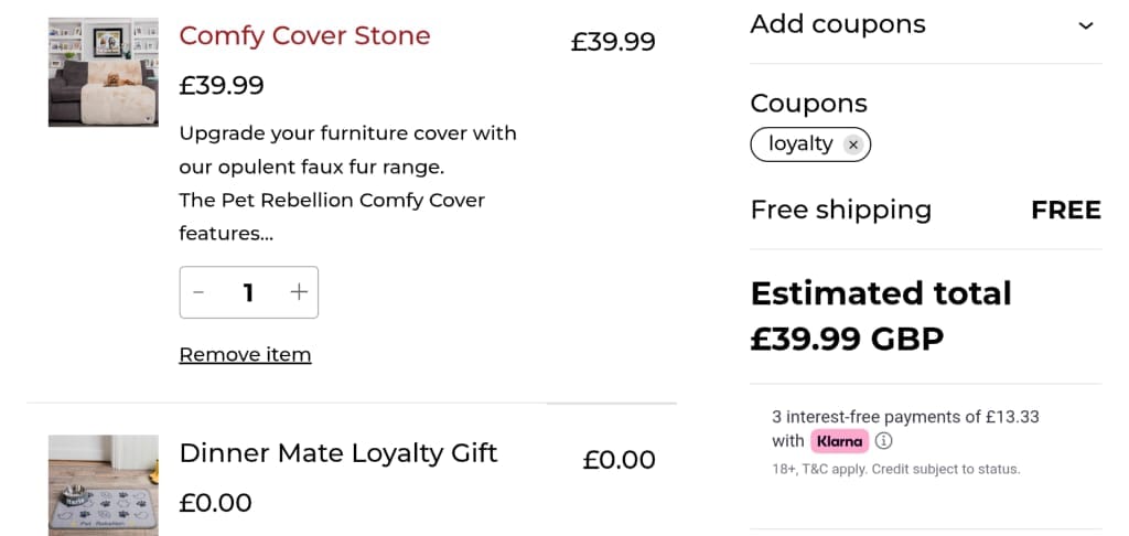 Screenshot of the Pet Rebellion discount code working
