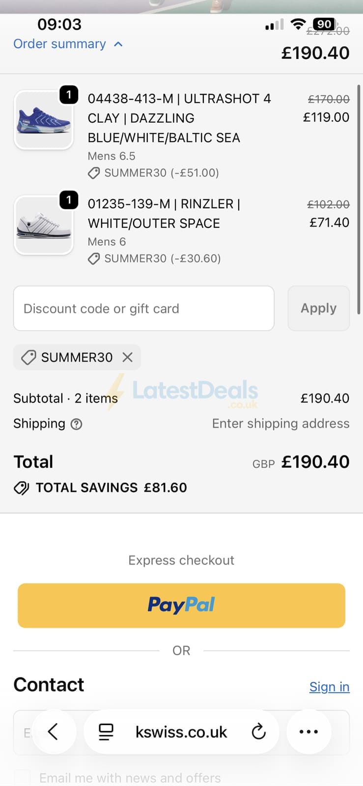 Screenshot of the K Swiss discount code working