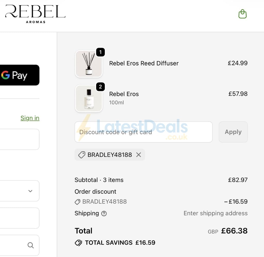 Screenshot of the Rebel Aromas discount code working