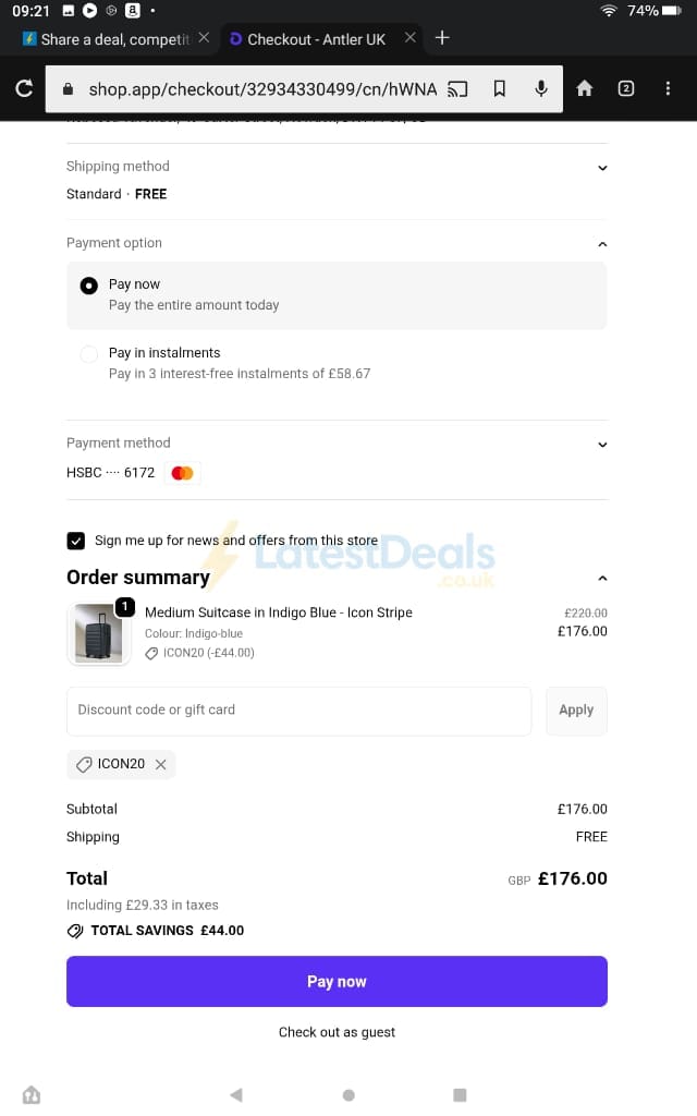 Screenshot of the Antler discount code working