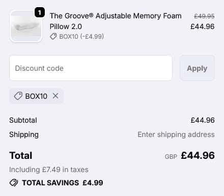 Screenshot of the Groove Pillows discount code working
