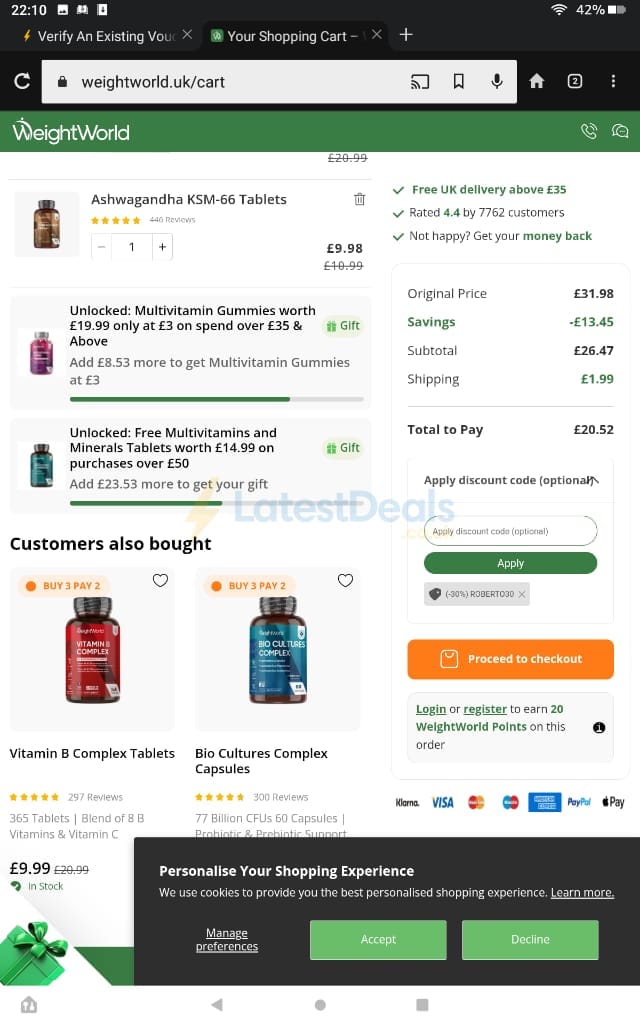 Screenshot of the WeightWorld discount code working