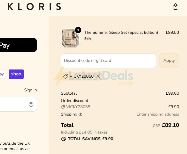 Screenshot of the Kloris discount code working