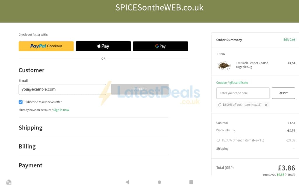 Screenshot of the SPICES on the WEB discount code working