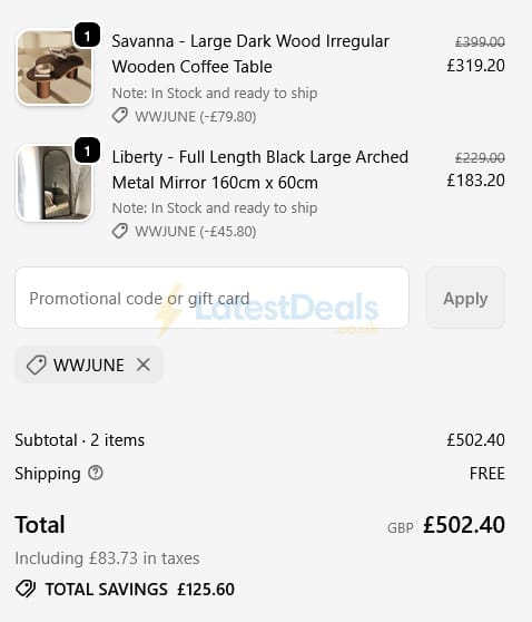Screenshot of the William Wood Mirrors discount code working
