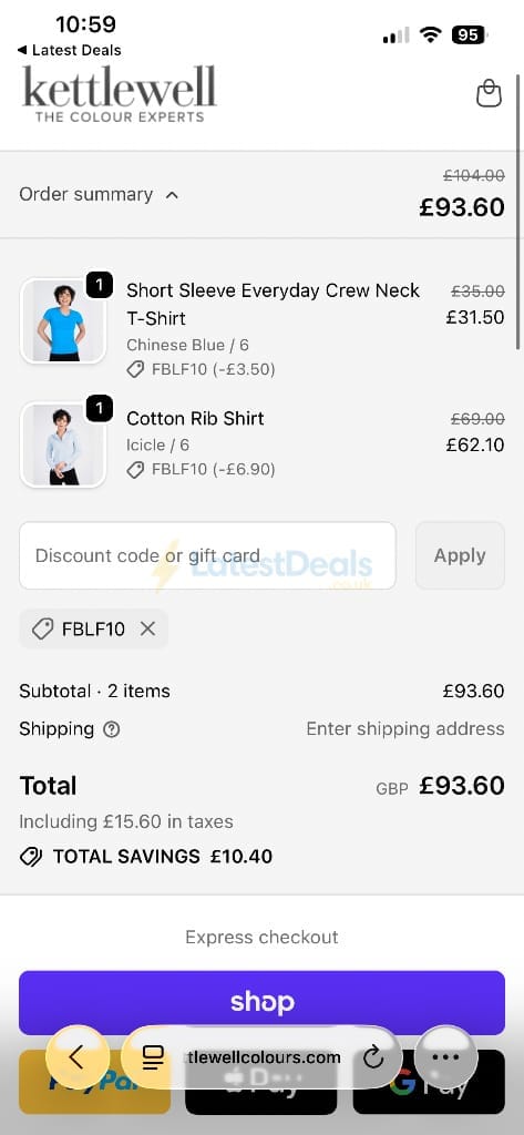 Screenshot of the Kettlewell discount code working