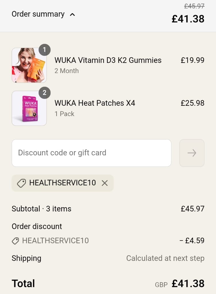 Screenshot of the Wuka discount code working