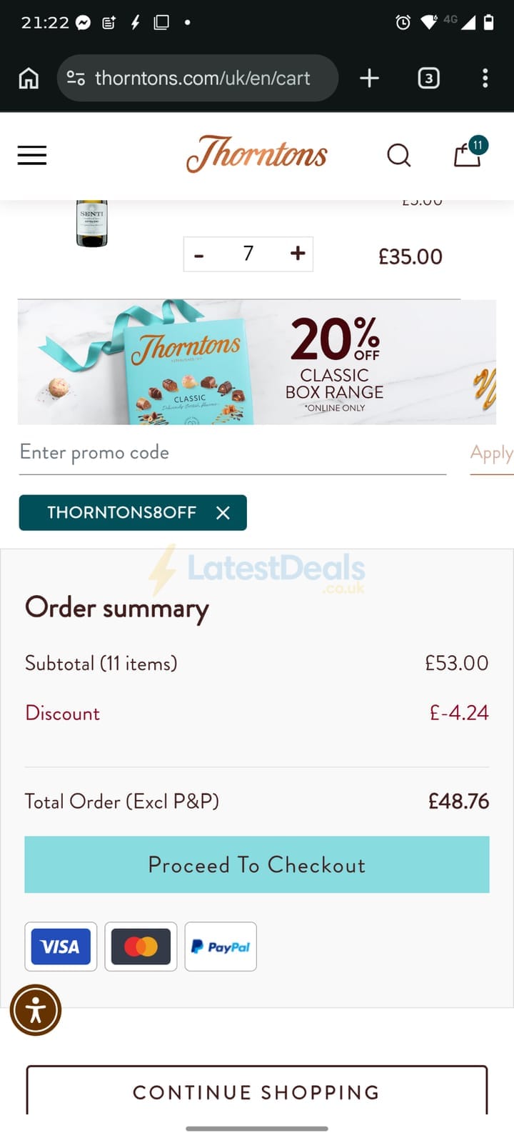 Screenshot of the Thorntons discount code working