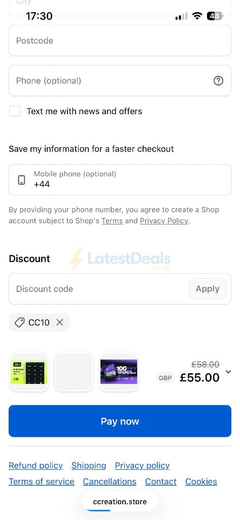 Screenshot of the CCreation Community discount code working