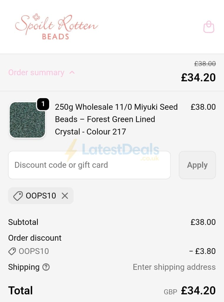 Screenshot of the Spoilt Rotten Beads discount code working