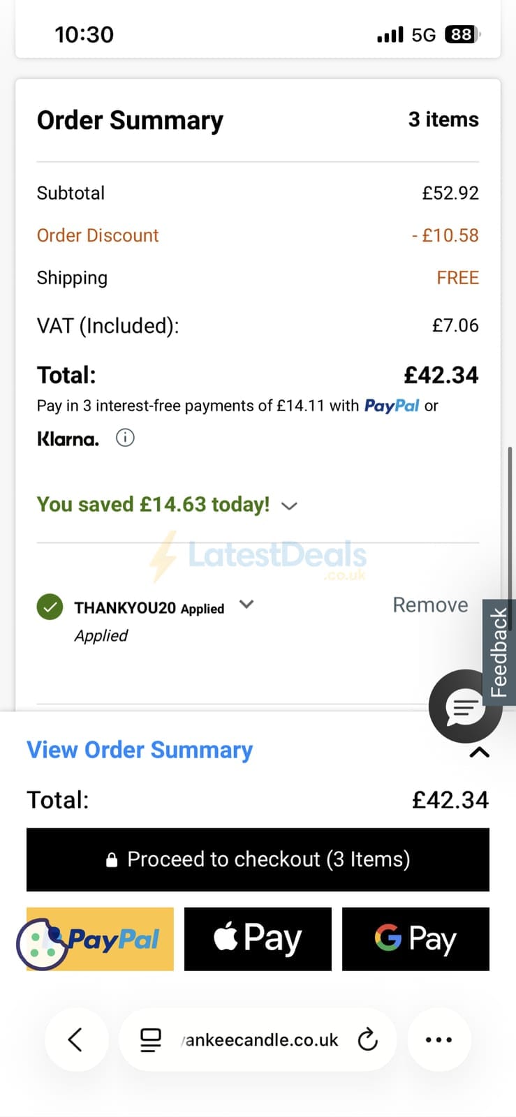 Screenshot of the Yankee Candle discount code working