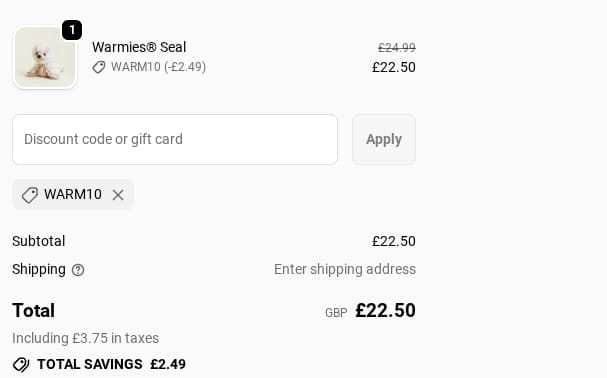 Screenshot of the Warmies discount code working