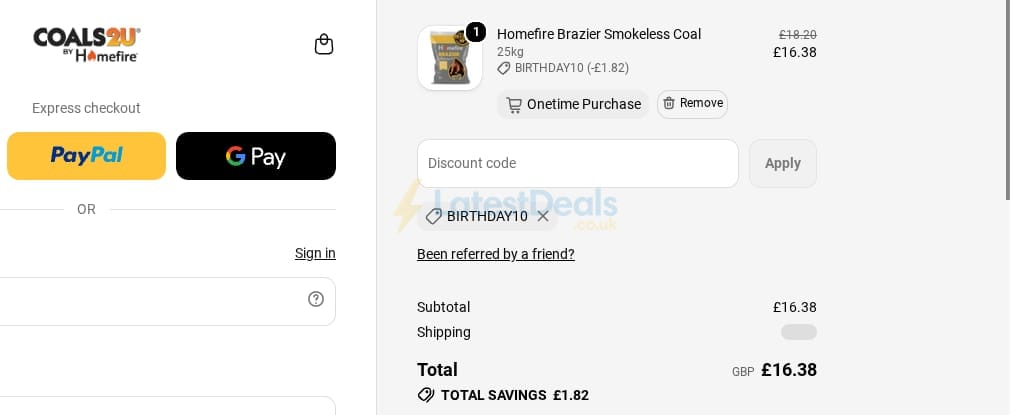 Screenshot of the Coals 2 U discount code working