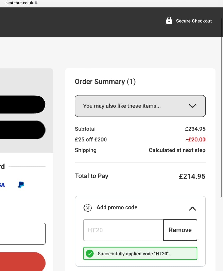 Screenshot of the Skatehut discount code working