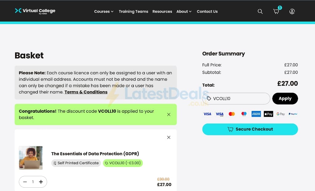 Screenshot of the Virtual College discount code working