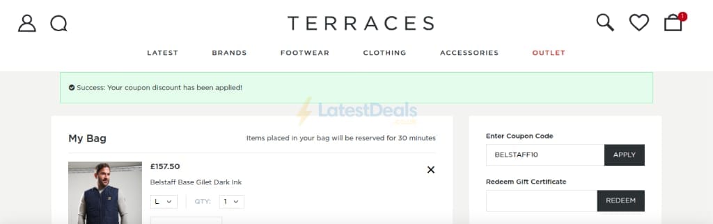 Screenshot of the Terraces discount code working